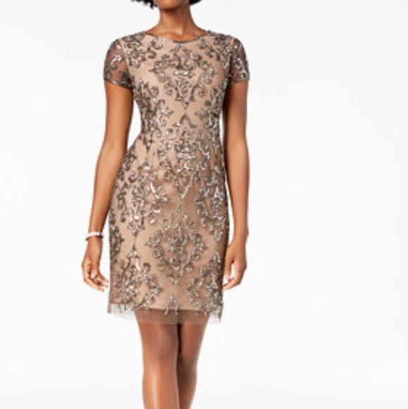 Adrianna Papell Dresses & Skirts - Adrianna Papell Taupe Mesh Midi Silver Sequin Embellishment Dress Size 4